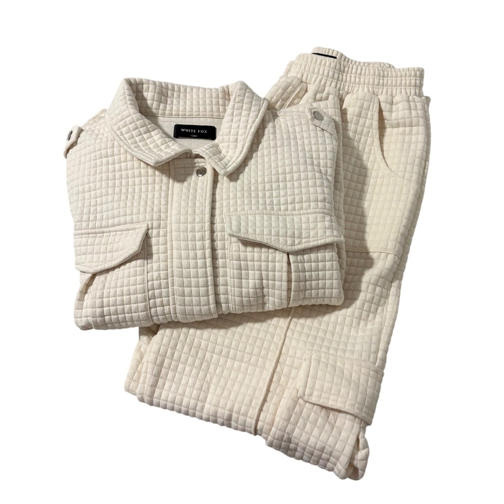 White Fox Boutique Quilted Waffle Jacket and Cargo Pants Set Cream S Weekend